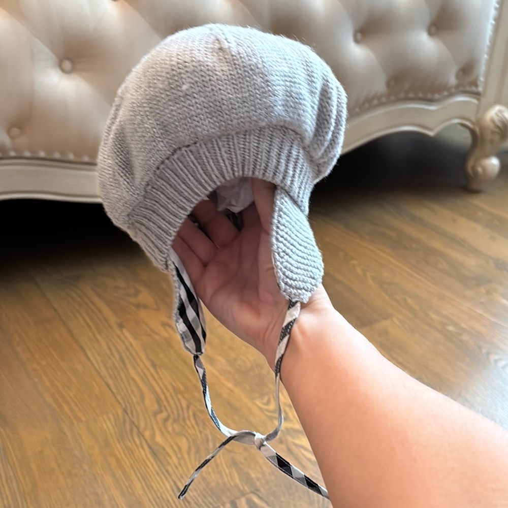 Burberry Gray Knitted Hat with Ear Flaps and Braided Ties
